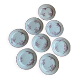 A series of eight flat plates in Terre de fer earthenware, Favori aux oiseaux model - pink tint