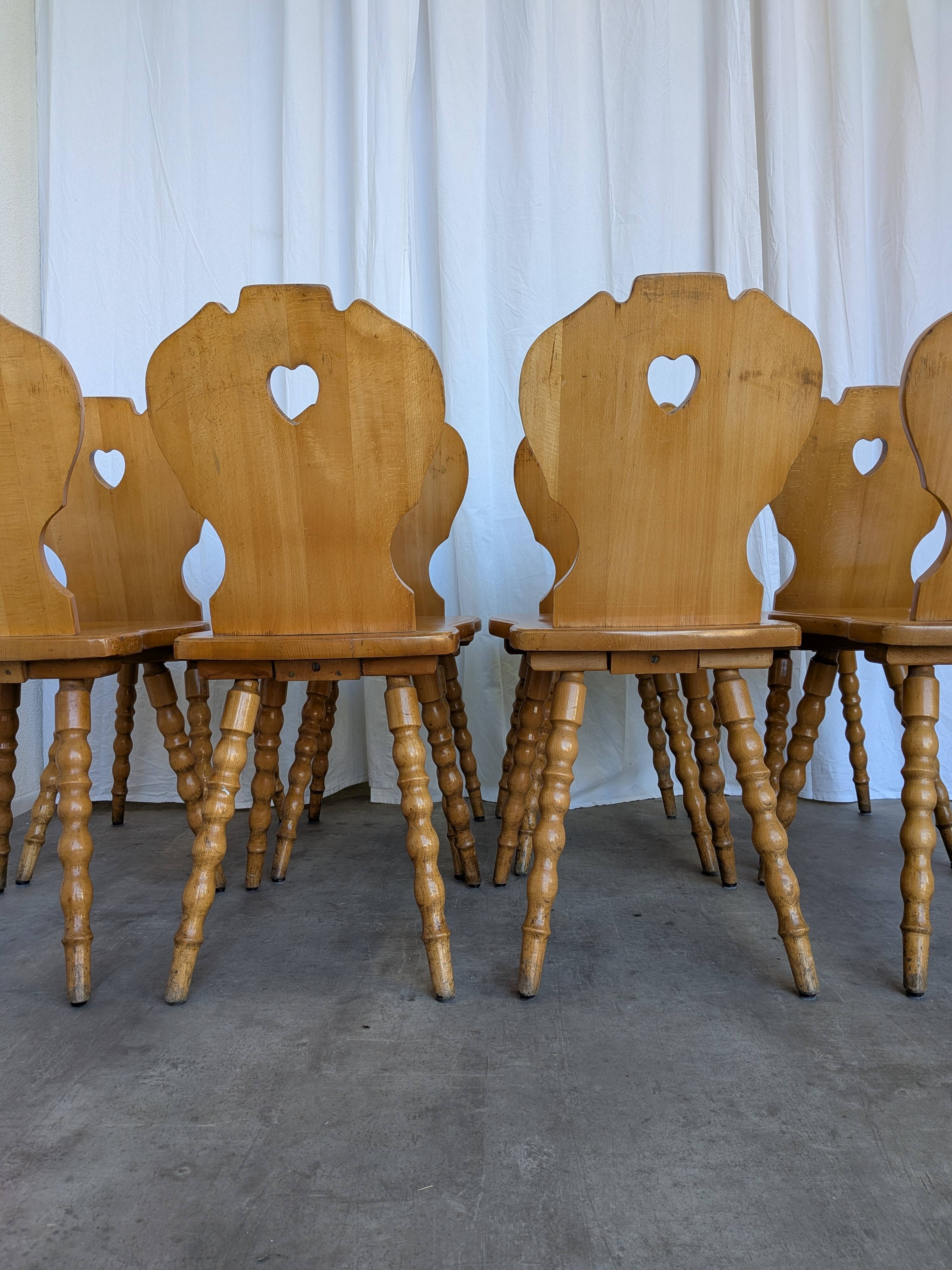 Set of 8 Vintage Tyrolean Heart Cutout Wooden Dining Chairs, Rustic Farmhou