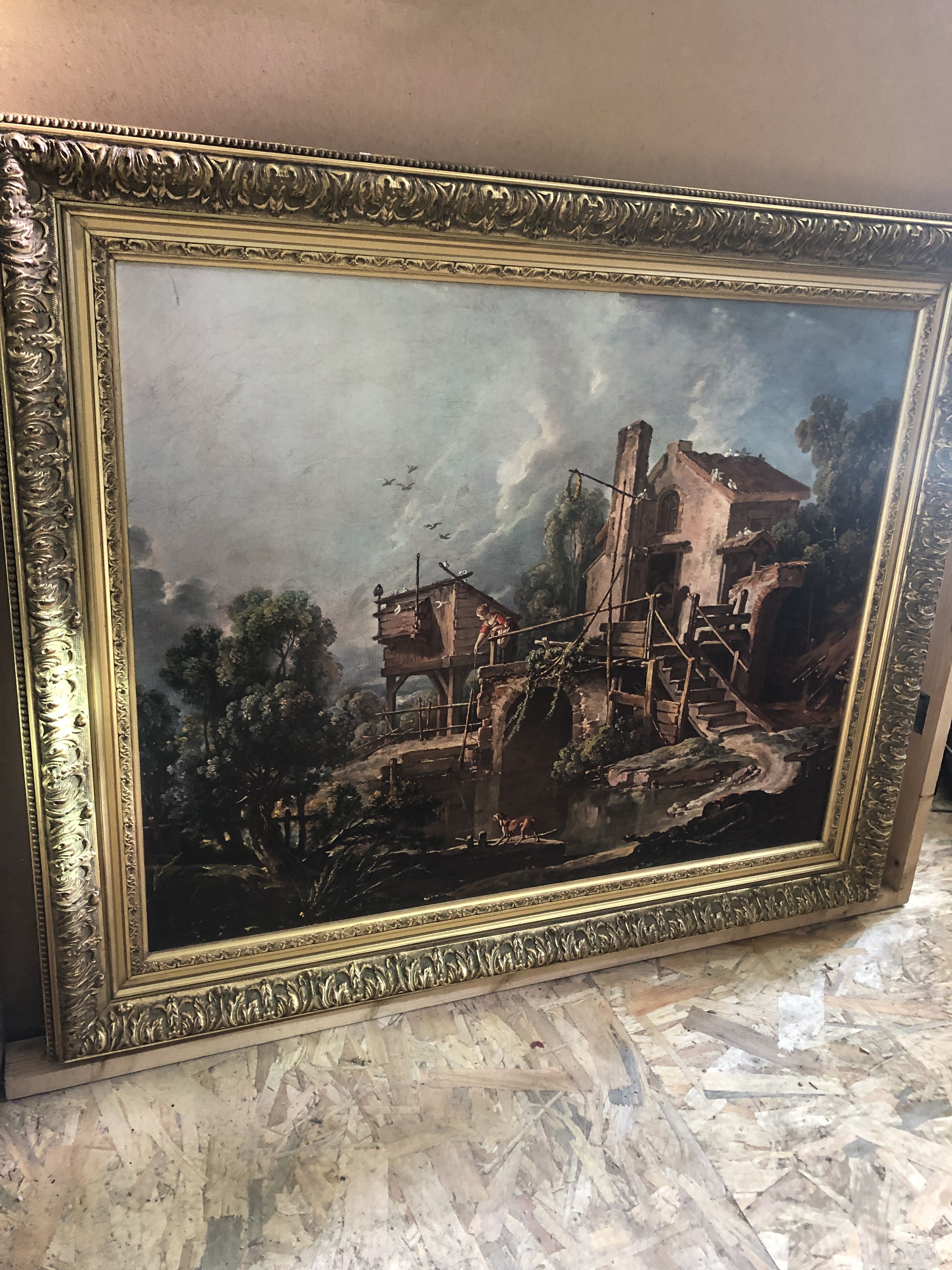 Old painting print on canvas + frame carved wood Gilded Vintage