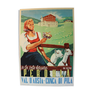 POSTER OLD TOURISM pretty shepherdess PEROULA VAL D'AOSTE CONCA di PILA ALPES ITALIA 1949 signed MUSATI
