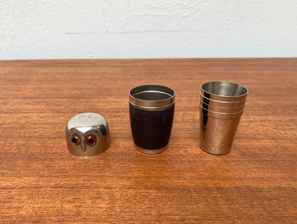 Set of 5 metal shot glasses in German owl style from the mid-century, 1960s.