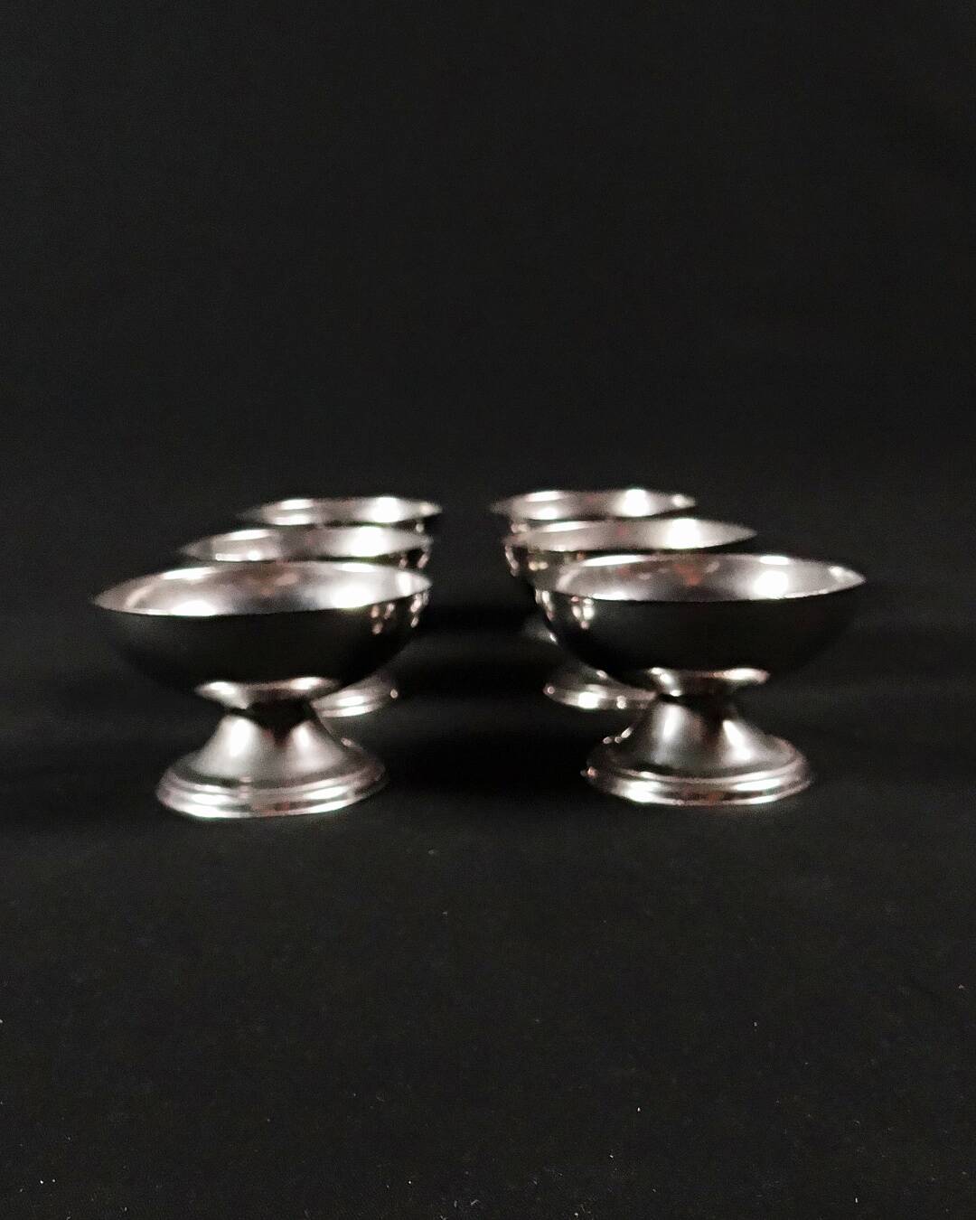 6 stainless steel ice cream cups on a stand, vintage dessert service