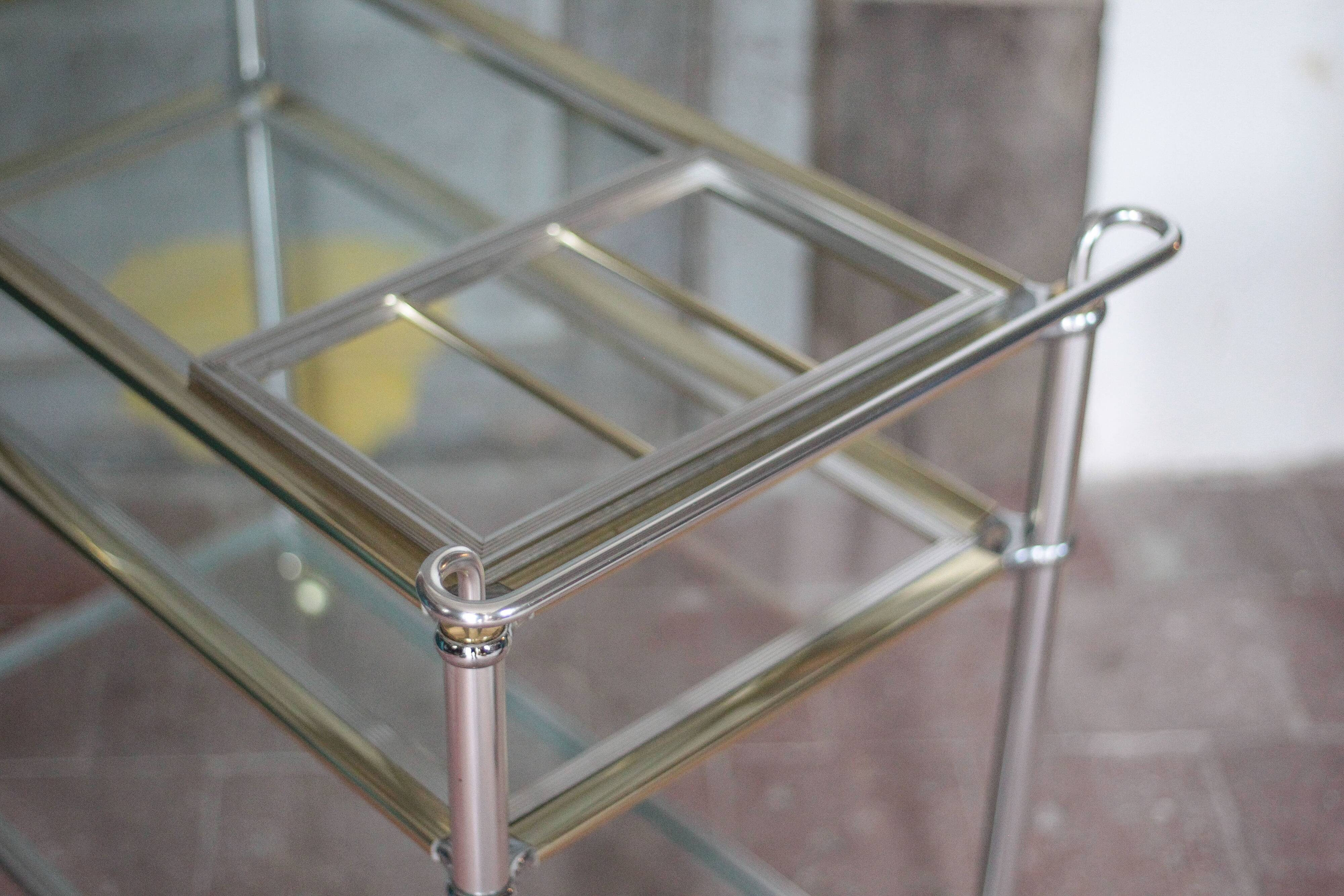 Vintage rolling dessert bar in gold metal and glass by Roche Bobois.