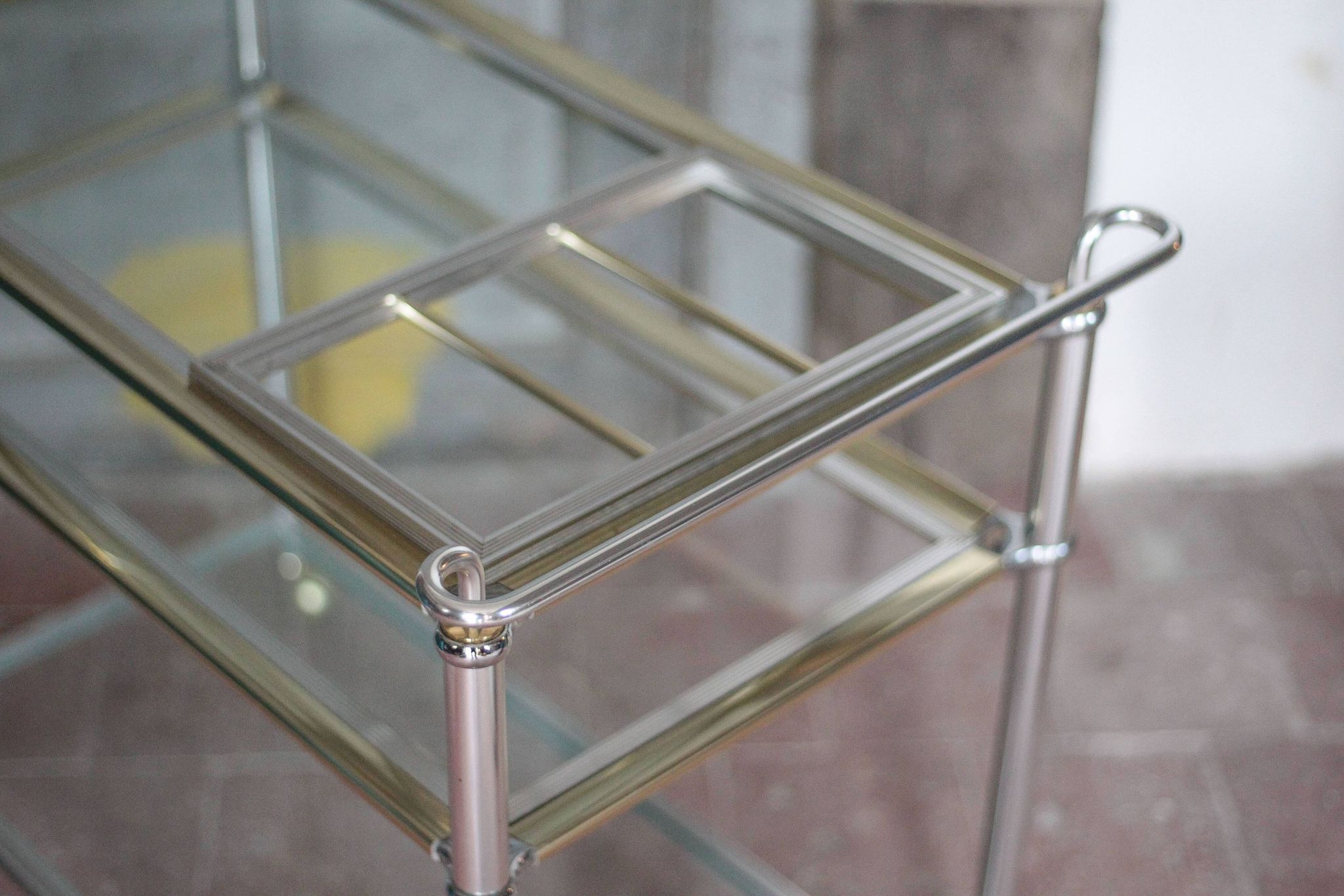 Vintage rolling dessert bar in gold metal and glass by Roche Bobois.