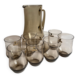 Vintage 1970s smoked carafe and glasses