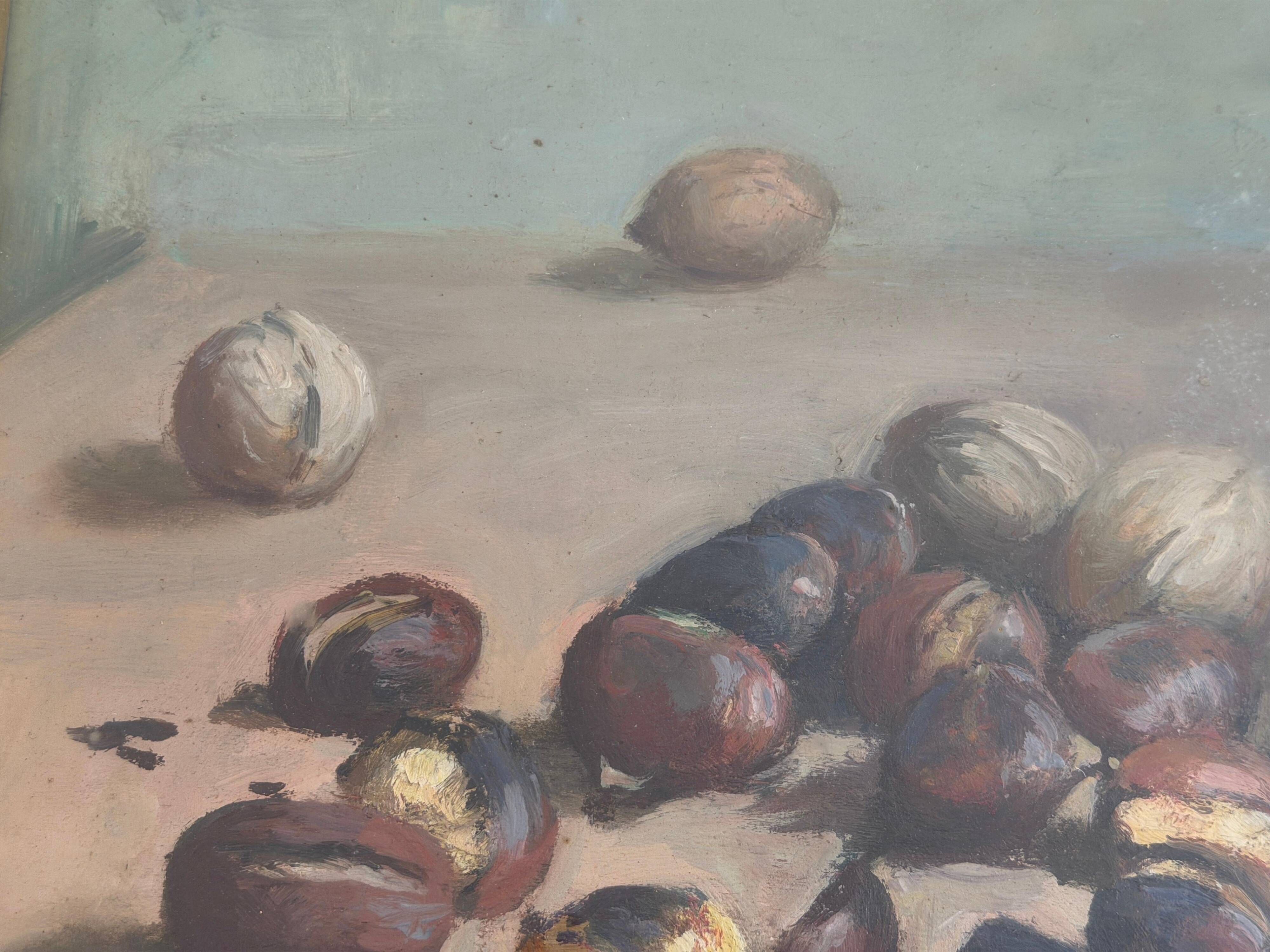 Still life with pomegranates and walnuts Oil painting on canvas signed, 1967, Italy