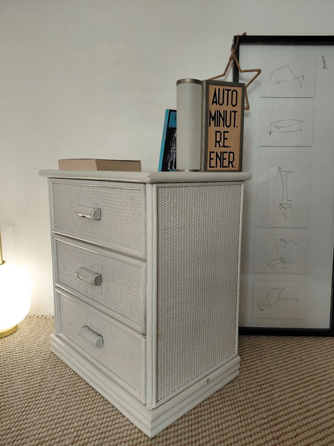 Vintage cane chest of drawers with 3 drawers - white patinated wood - seaside spirit