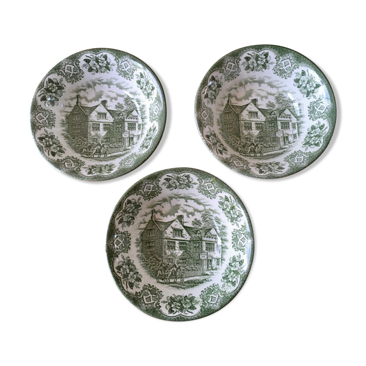 Large cups or caps plates Old Inns Series Staffordshire England