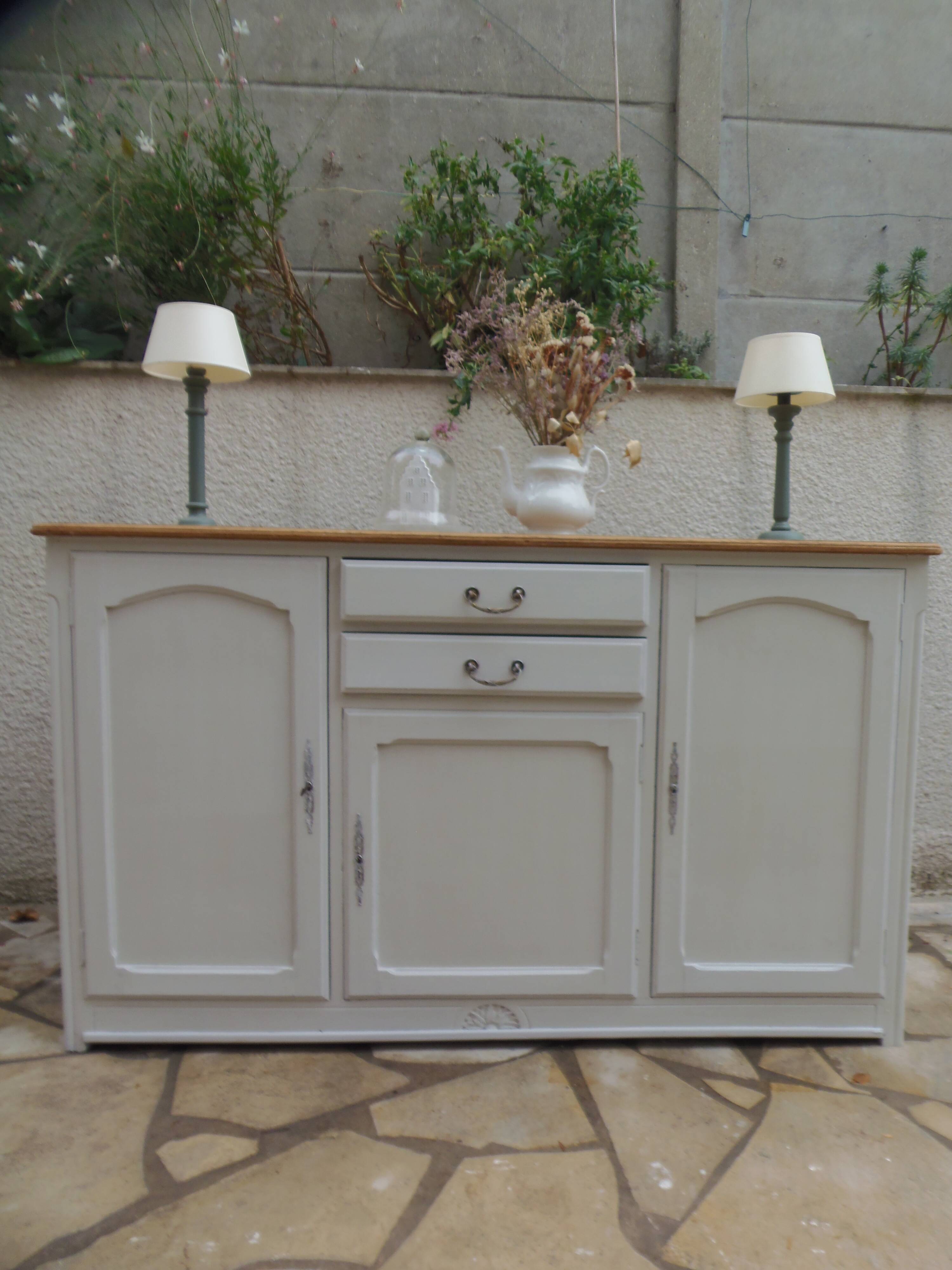 Vintage sideboard in pearl grey patinated oak, wooden top.