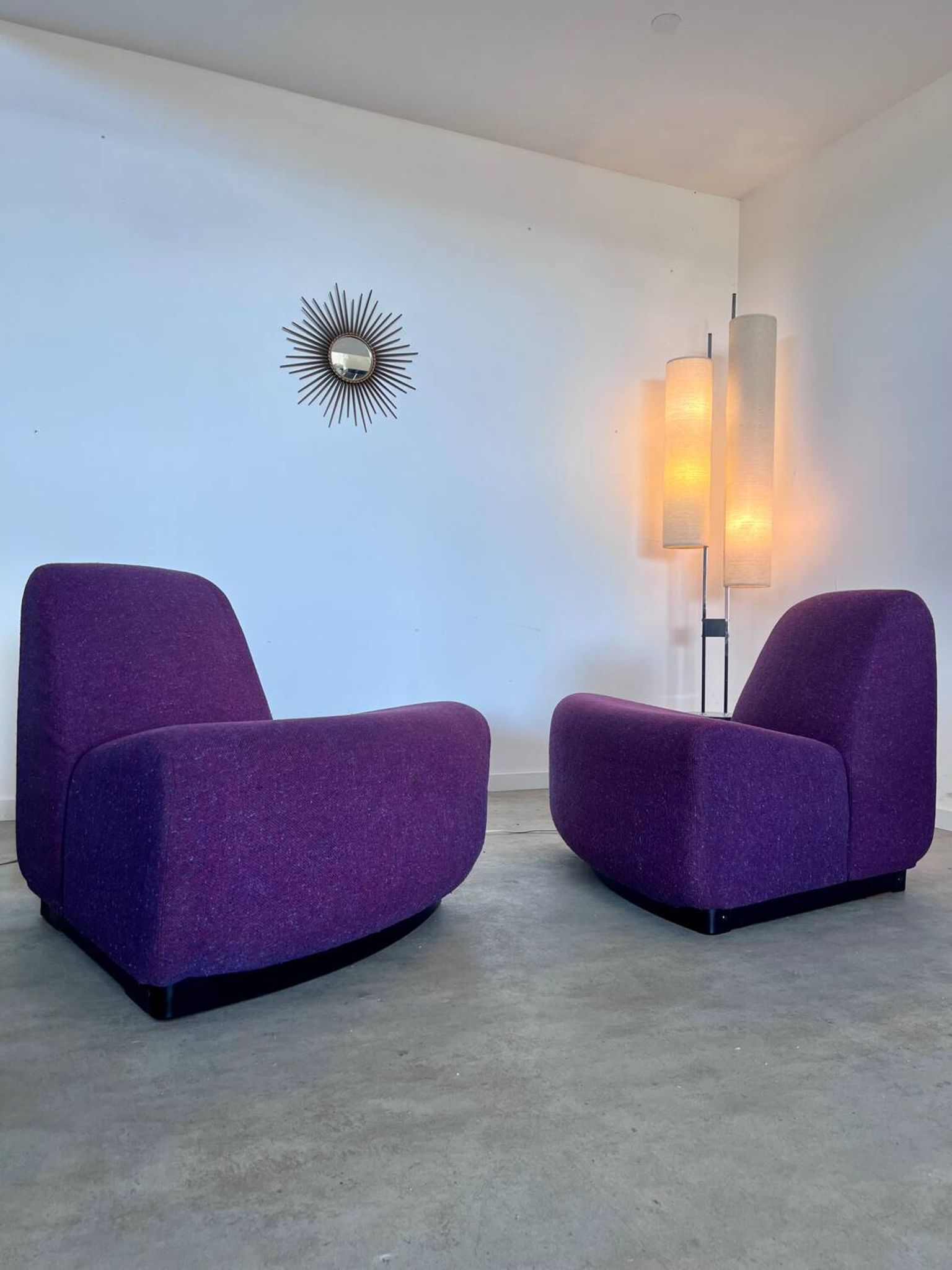 Lot 2 low chairs Space Age design from the 70s purple fabric vintage armchair