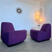 Lot 2 low chairs Space Age design from the 70s purple fabric vintage armchair