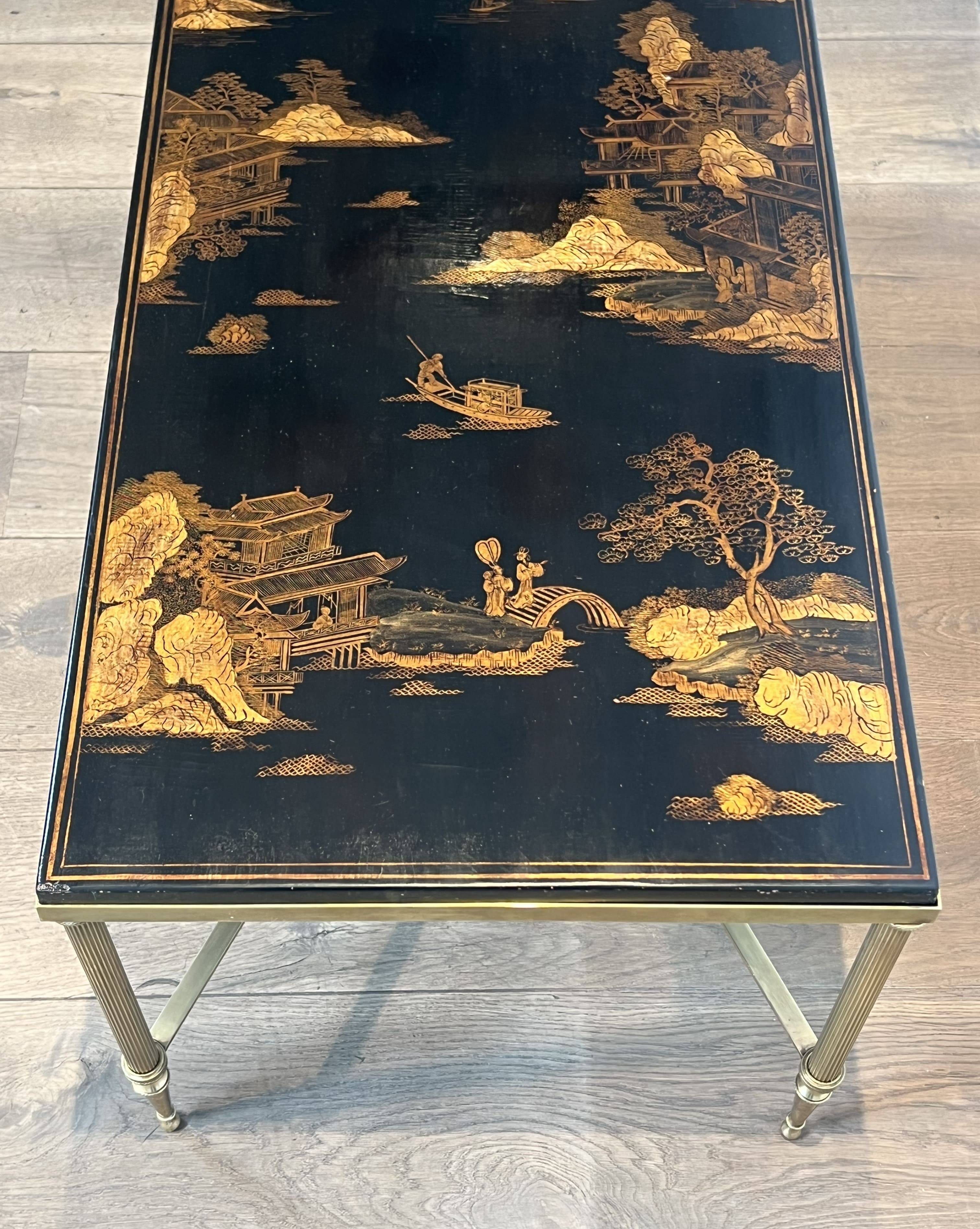 Neoclassical Brass Coffee Table with Lacquered Top Representing