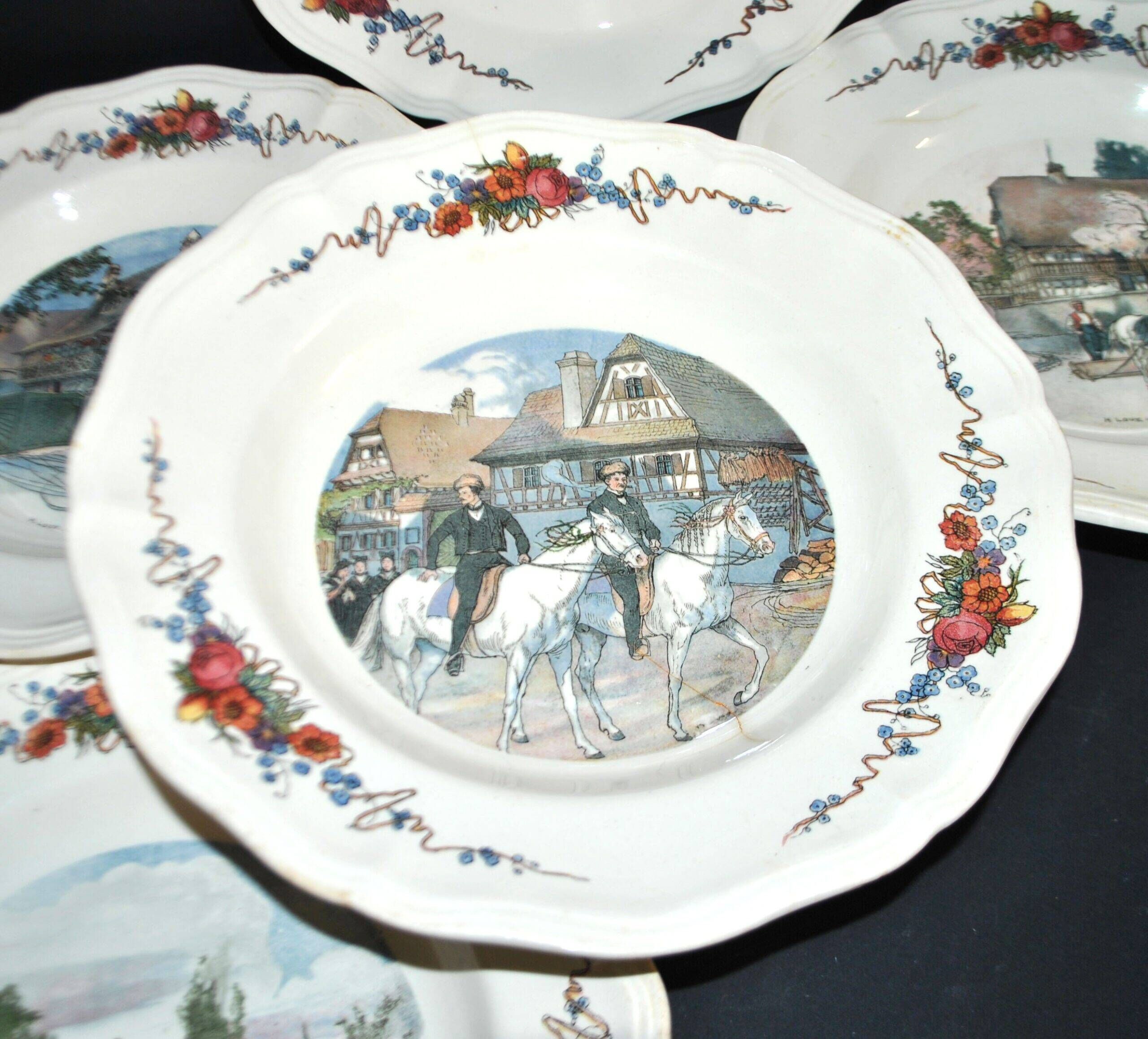 Sarreguemines set of 6 flat plates Obernai village Alsace by Loux