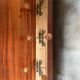 Old wooden wall coat rack + 3 wrought iron hooks & vintage wooden ball