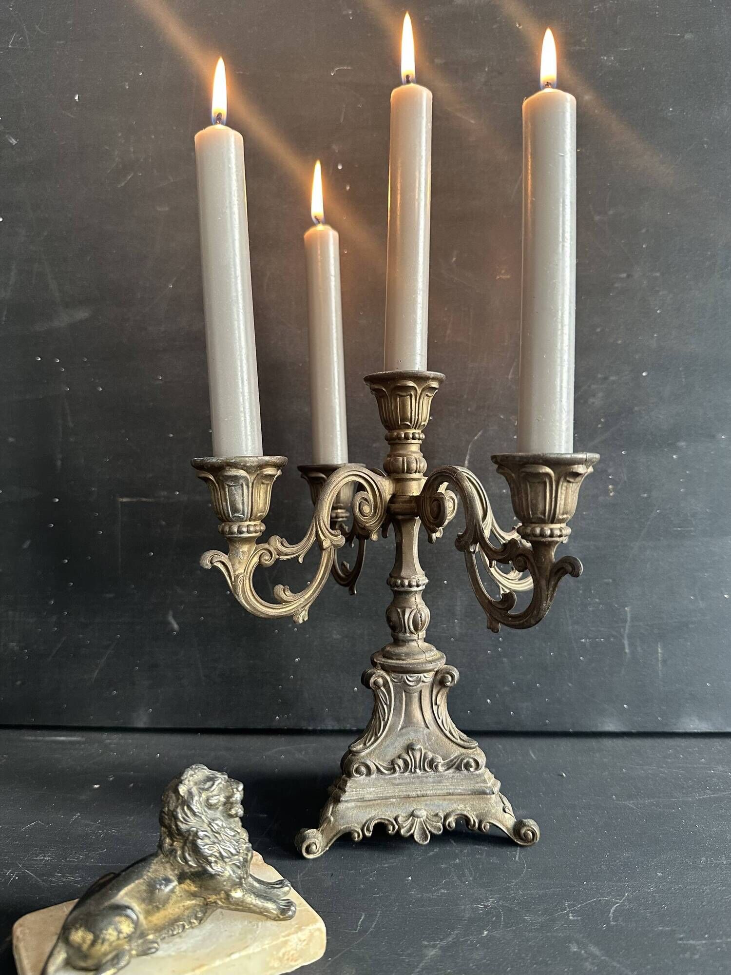 Small antique candelabrum with 5 lights in patinated brass - early 20th century