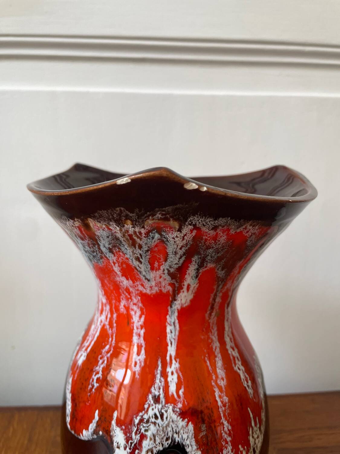 Vallauris vase in brown and orange fat lava