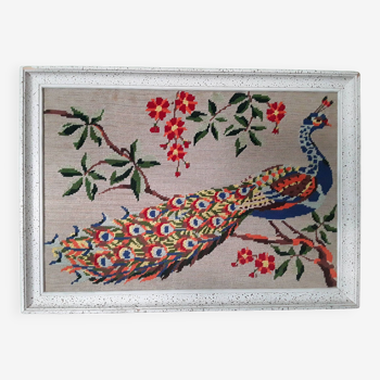 Vintage framed tapestry canvas with peacock