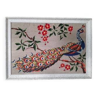Vintage framed tapestry canvas with peacock