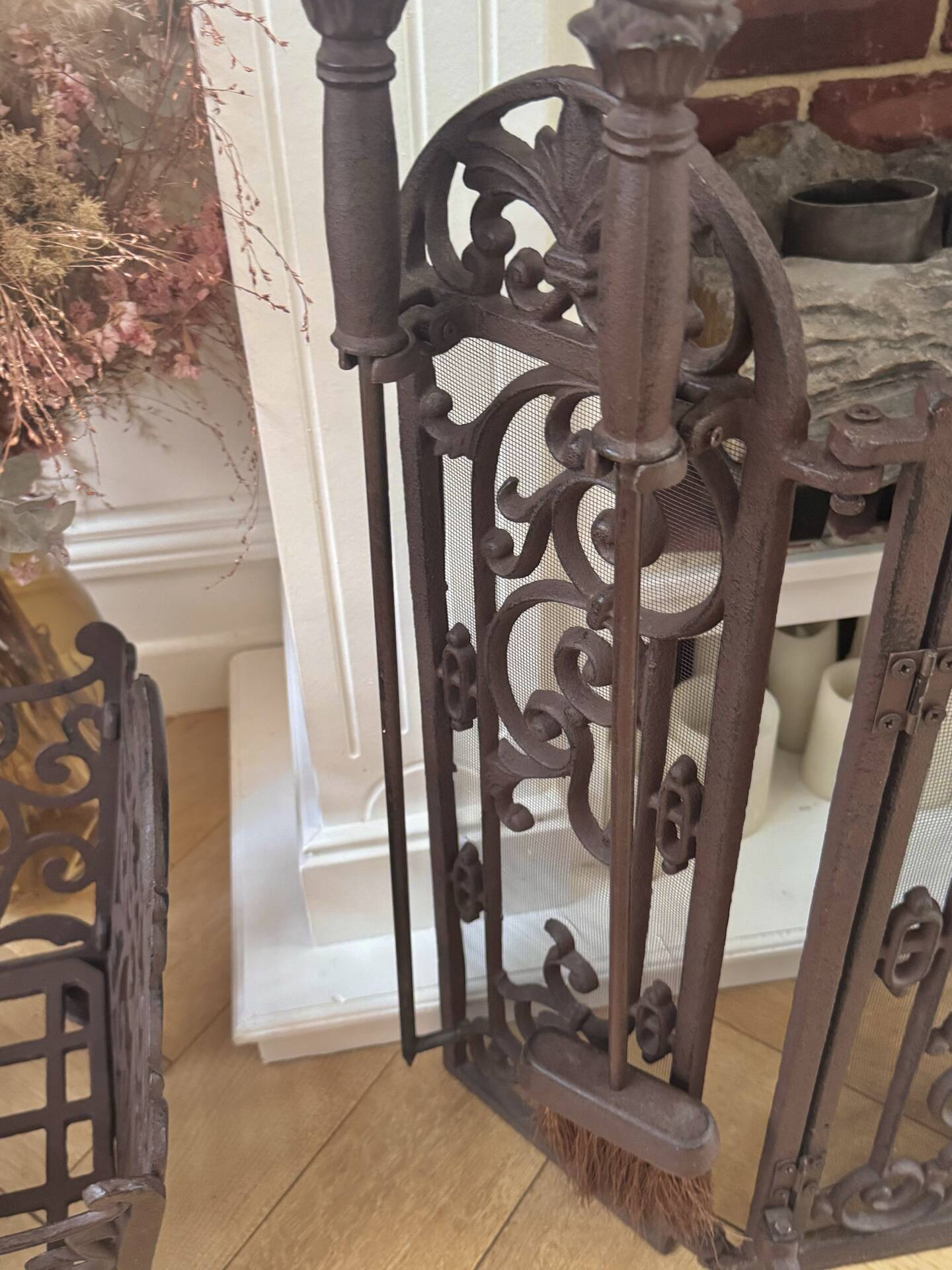 Wrought iron fire screen set with log basket, accessories.