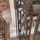 Wrought iron fire screen set with log basket, accessories.
