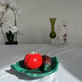 Vintage salt and pepper shaker colorful hand painted slip - Vegetables and leaf holder