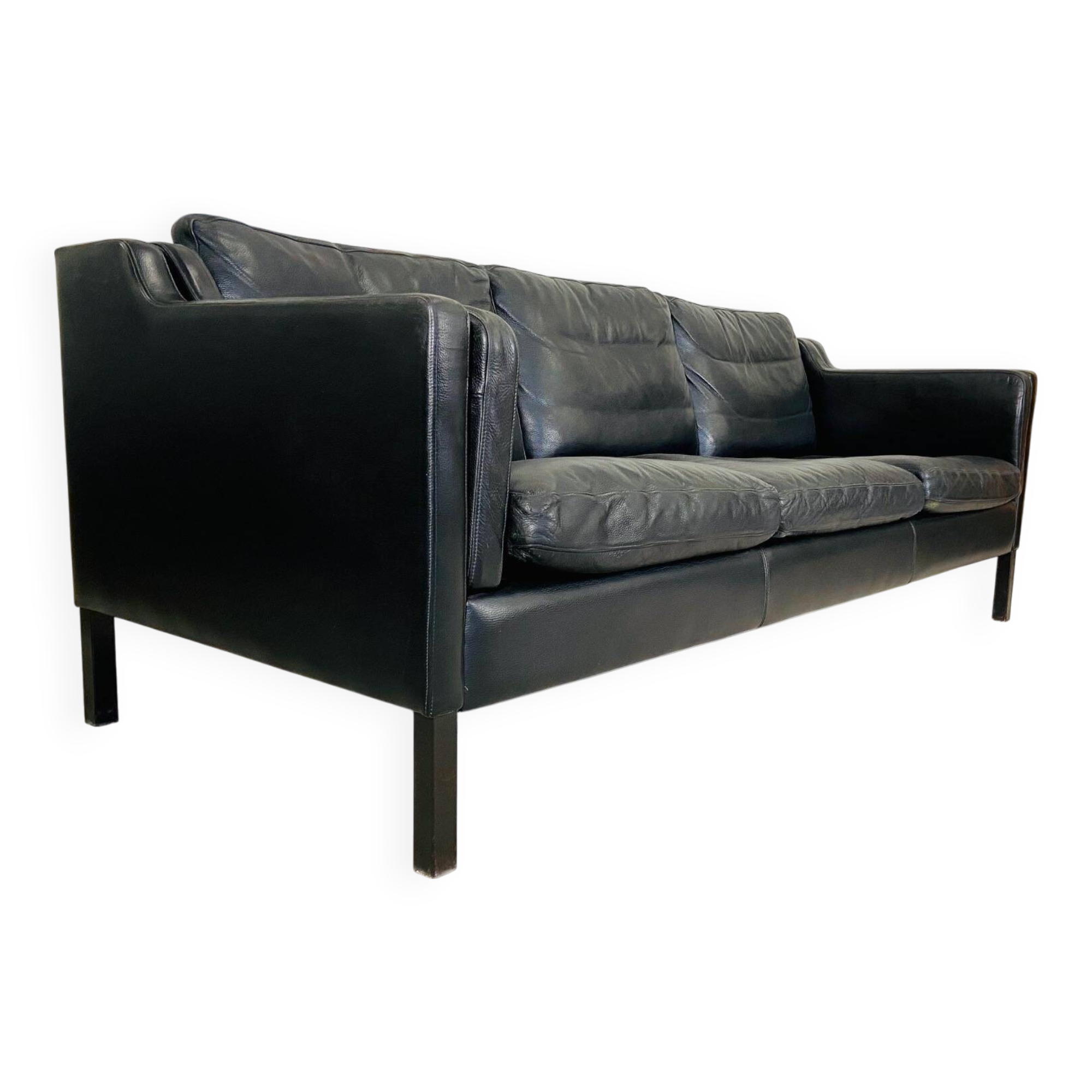 Vintage danish black leather 3 person stouby sofa