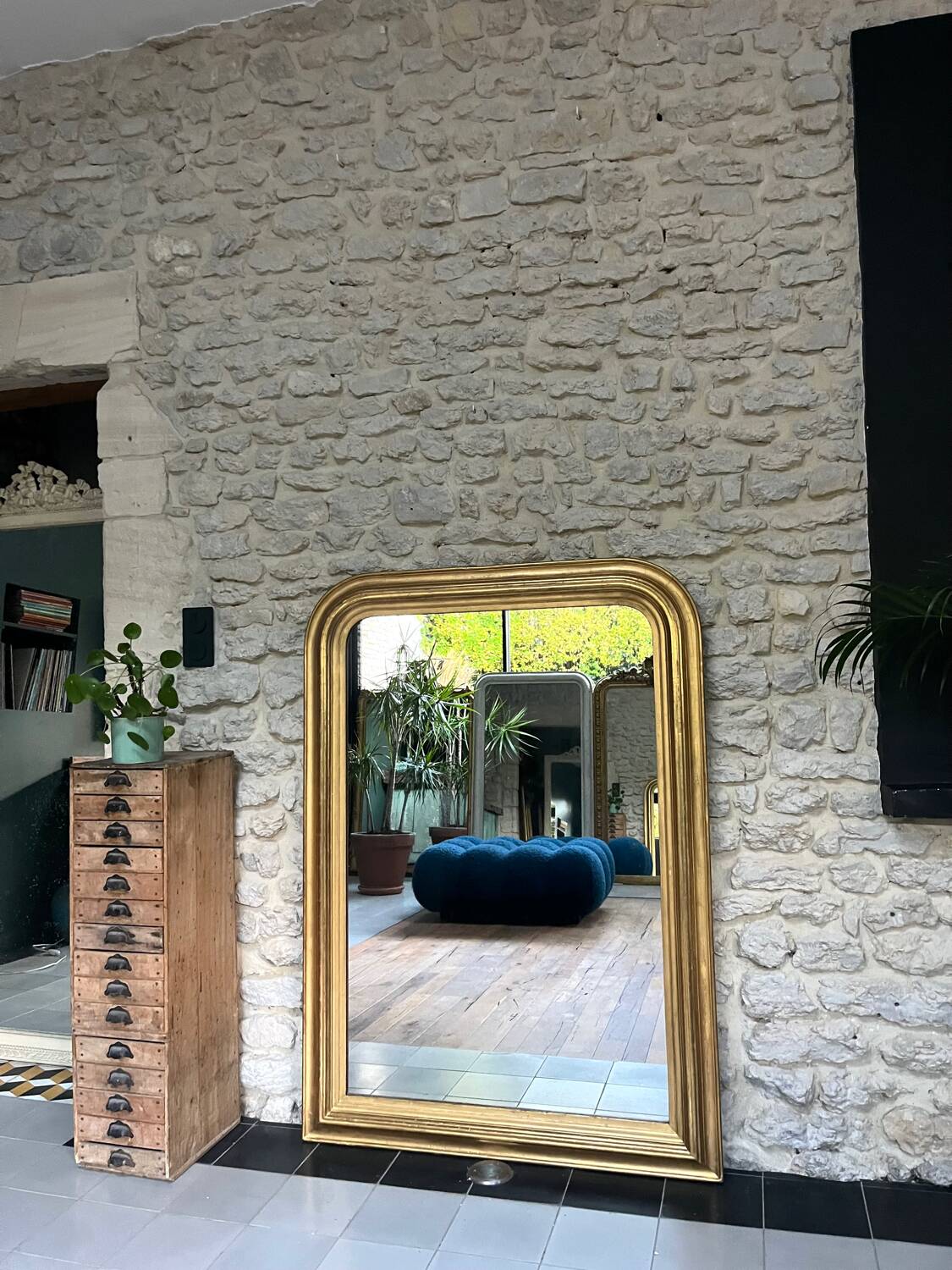 Antique mirror 136.5/98cm Louis-Philippe pearl-gilded with gold leaf.