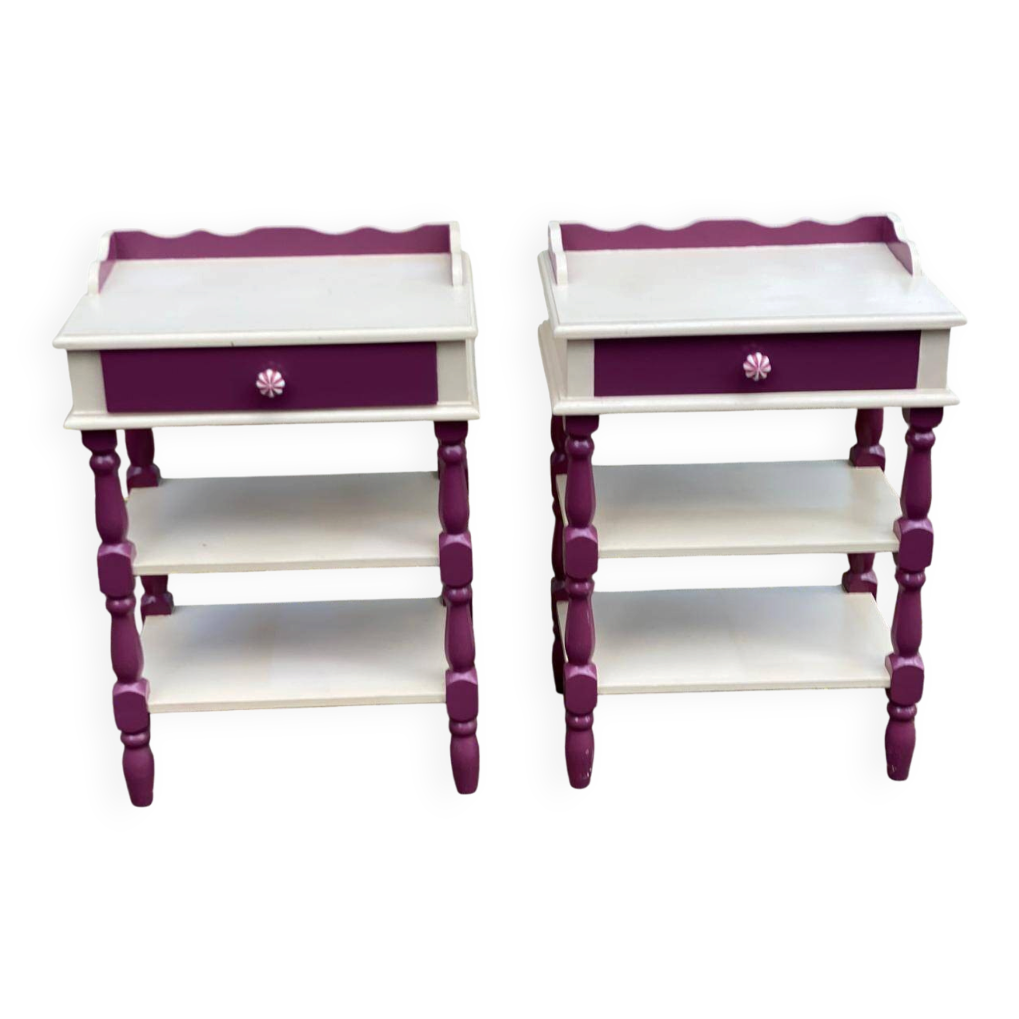 2 vintage bedside tables painted in white and purple with a drawer.
