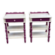 2 vintage bedside tables painted in white and purple with a drawer.