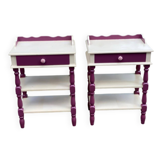 2 vintage bedside tables painted in white and purple with a drawer.