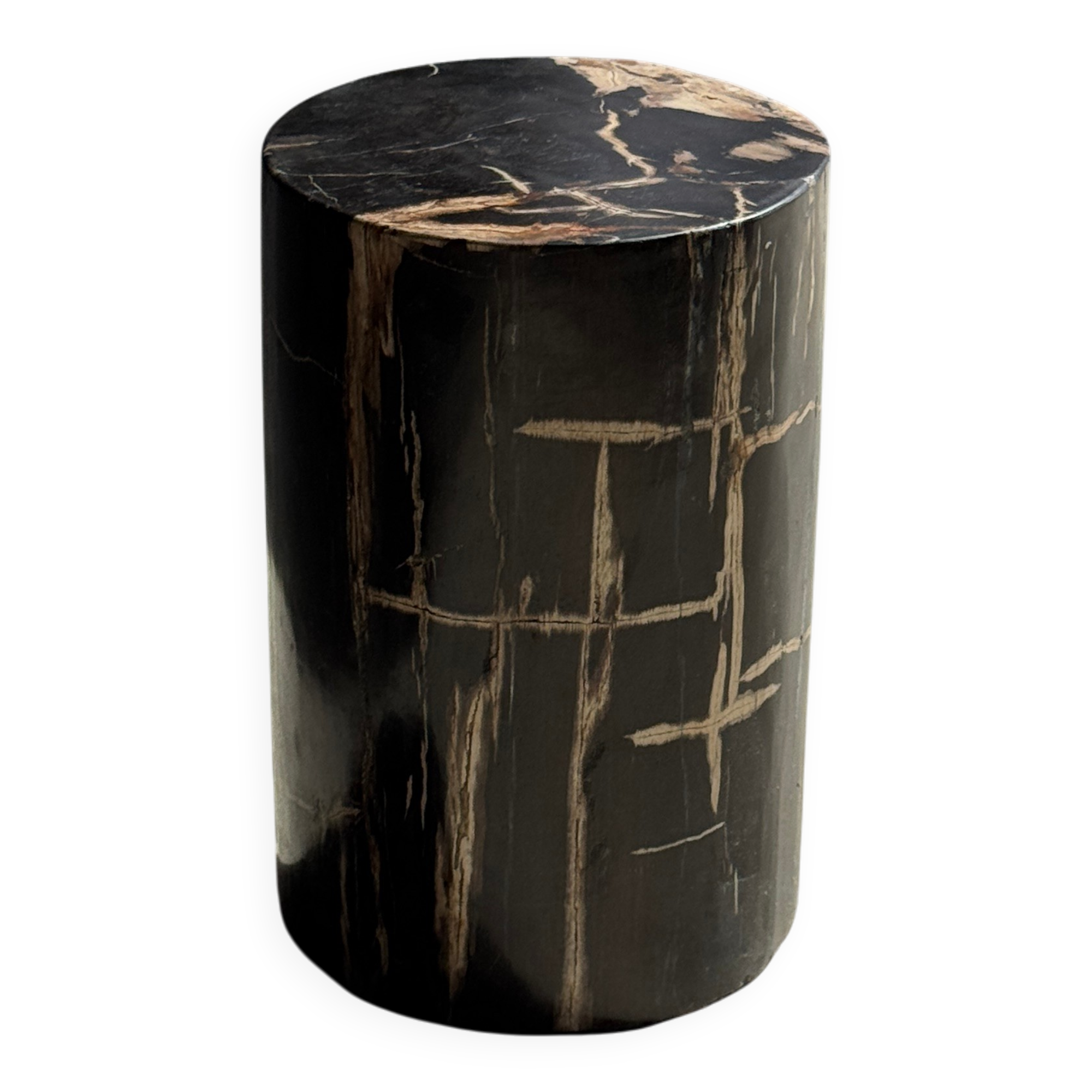 Small side table in black petrified wood with stripes and beige sides H28 D18.
