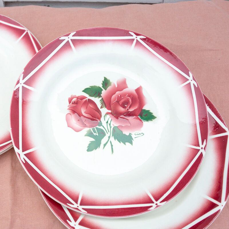 6 plates pink flowers Cibon Digoin sarreguemines