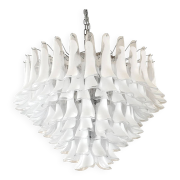 White and Transparent "Selle" Murano Glass Chandelier in Mazzega Style