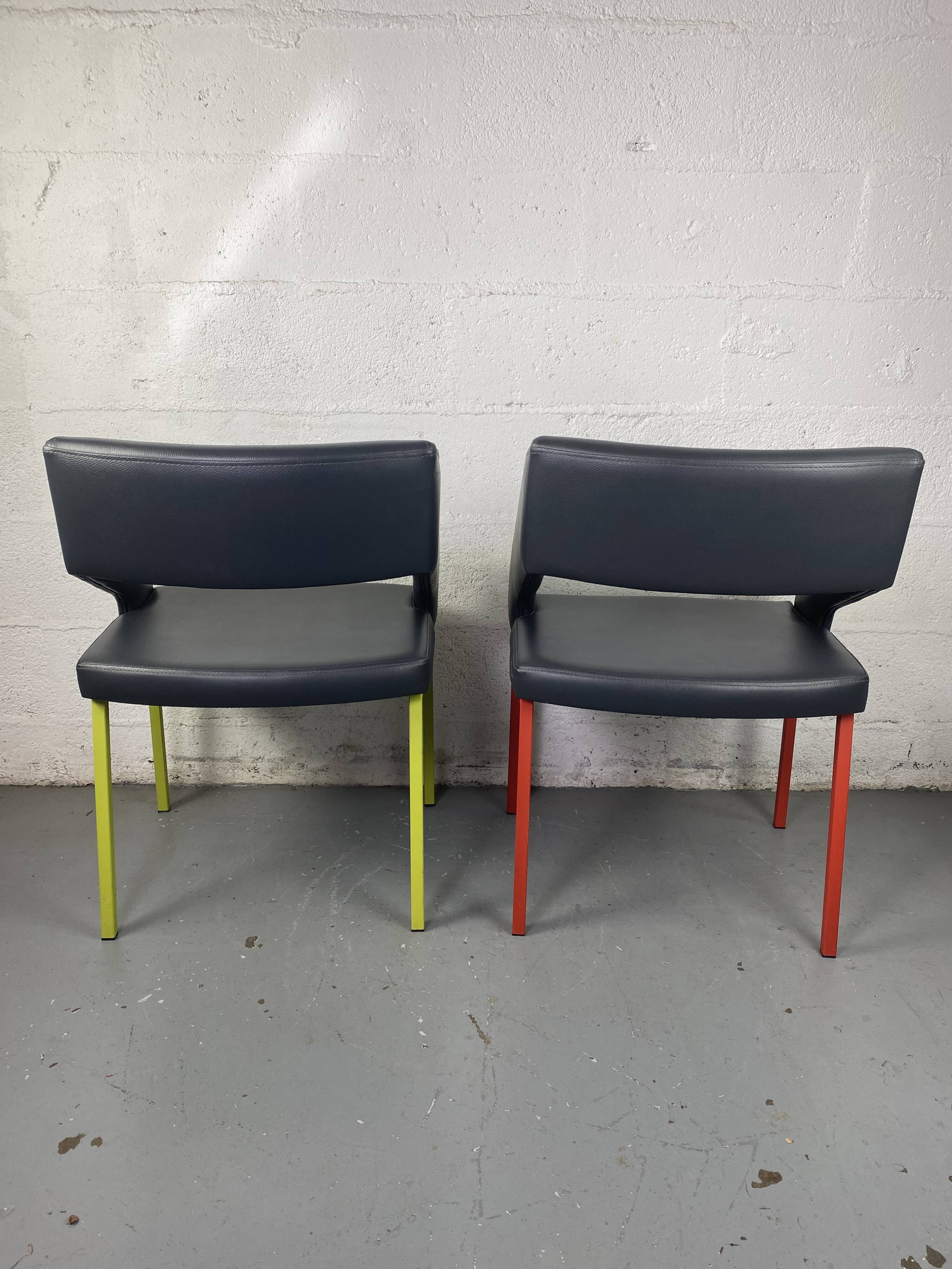 Pair of metal and leather armchairs / Green & Red