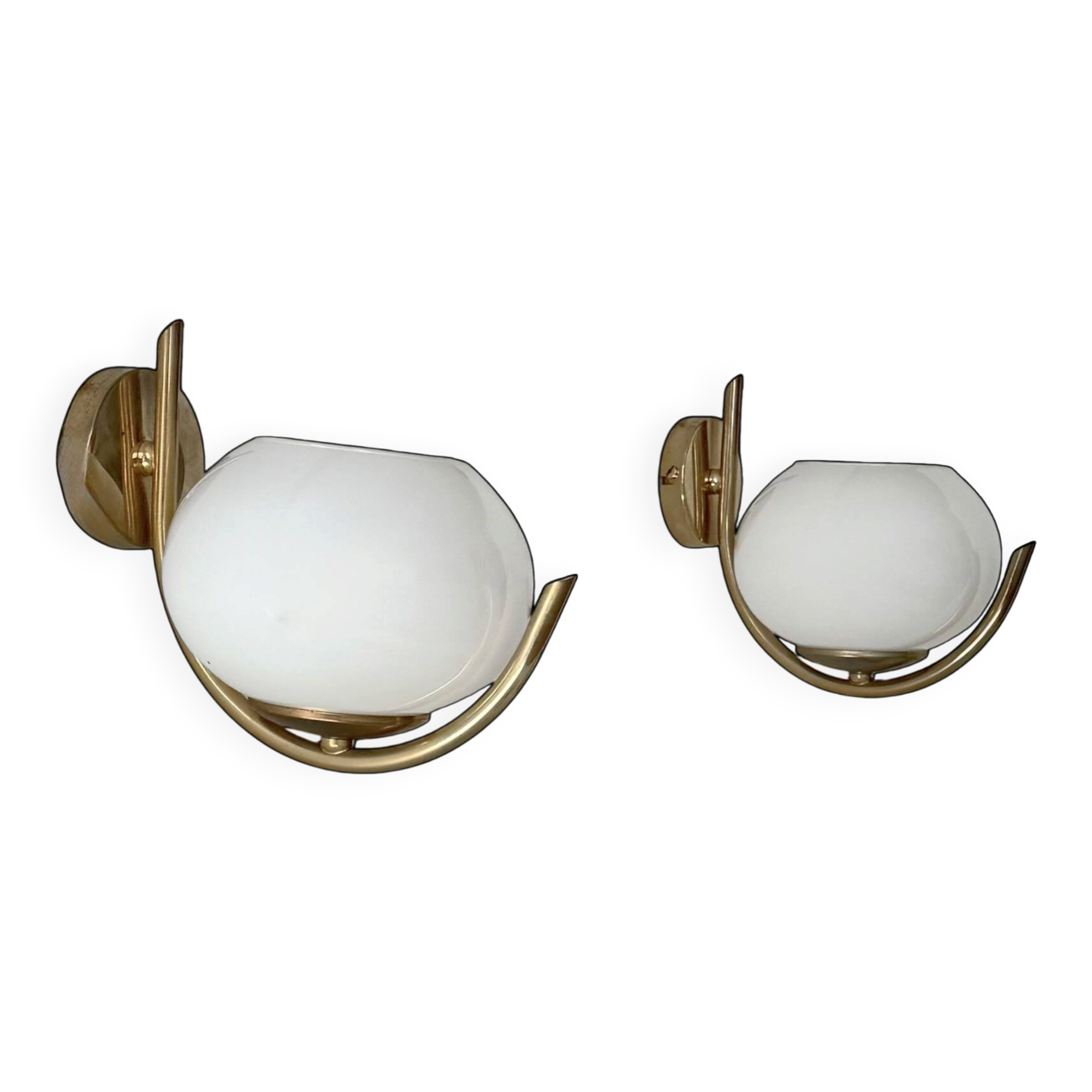 Pair of vintage wall sconces, brass and opaline, France, 1970.