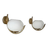 Pair of vintage wall sconces, brass and opaline, France, 1970.
