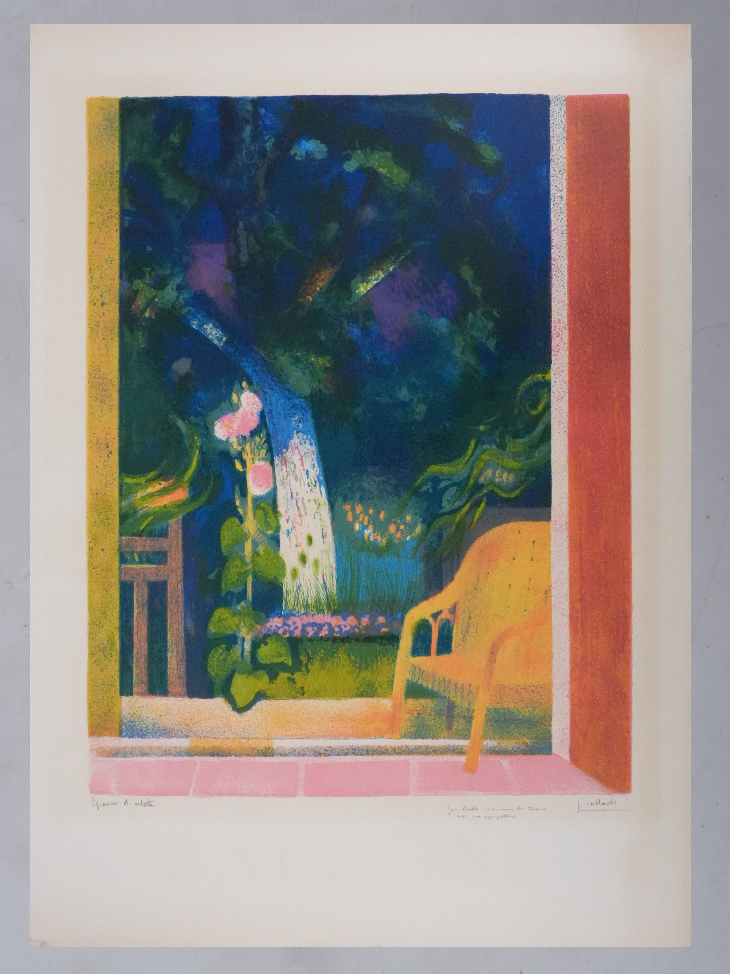 Paul COLLOMB: The garden at night, original signed lithograph.