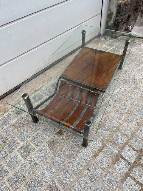 Wrought iron and leather coffee table, brutalist style, 1970s