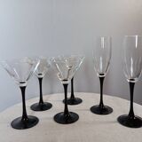 6 shiny black stemmed glasses domino collection by Luminarc, vintage 1980