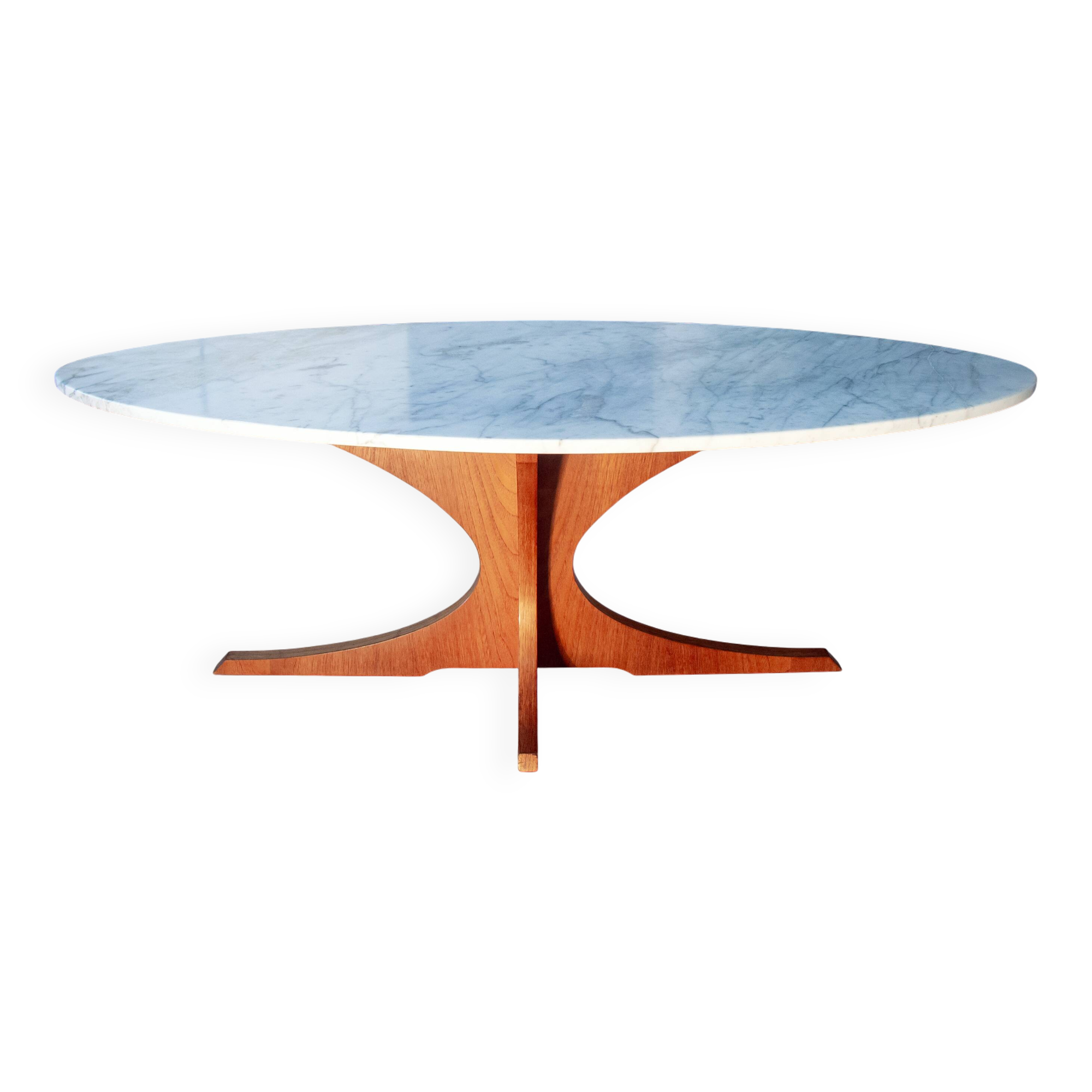 Table basse Hugues Poignant, teck et marbre, 1950-60