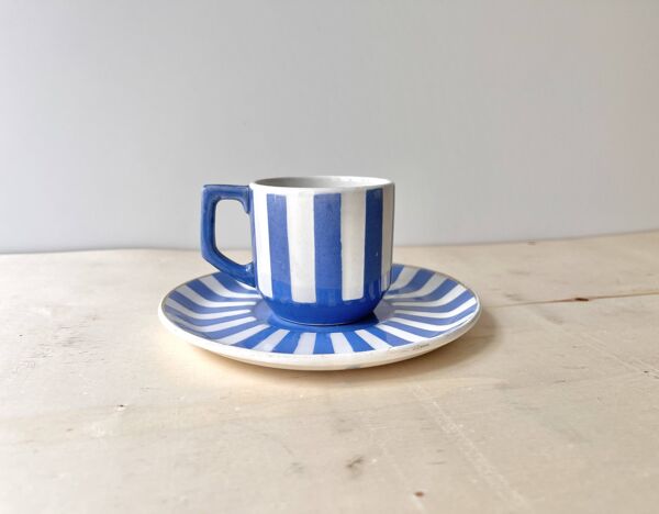 Tasse à café fox trott sarreguemines vintage, service à rayures art déco