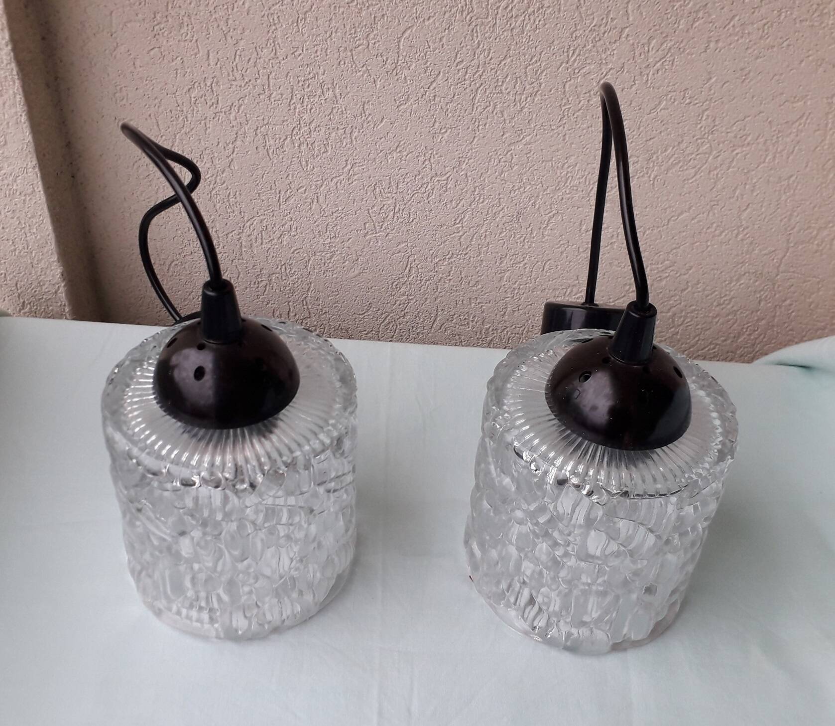 Pair of holophane glass pendants