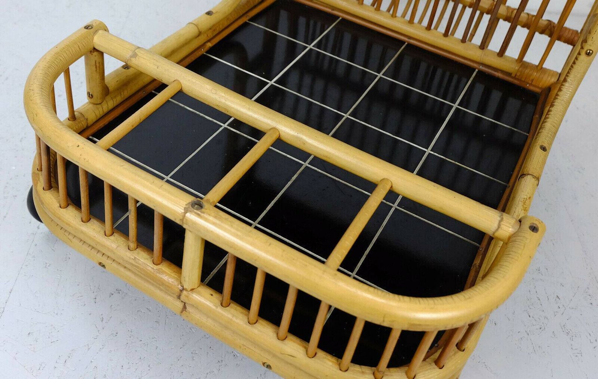 1950s mid century trolley serving cart bamboo wicker black formica