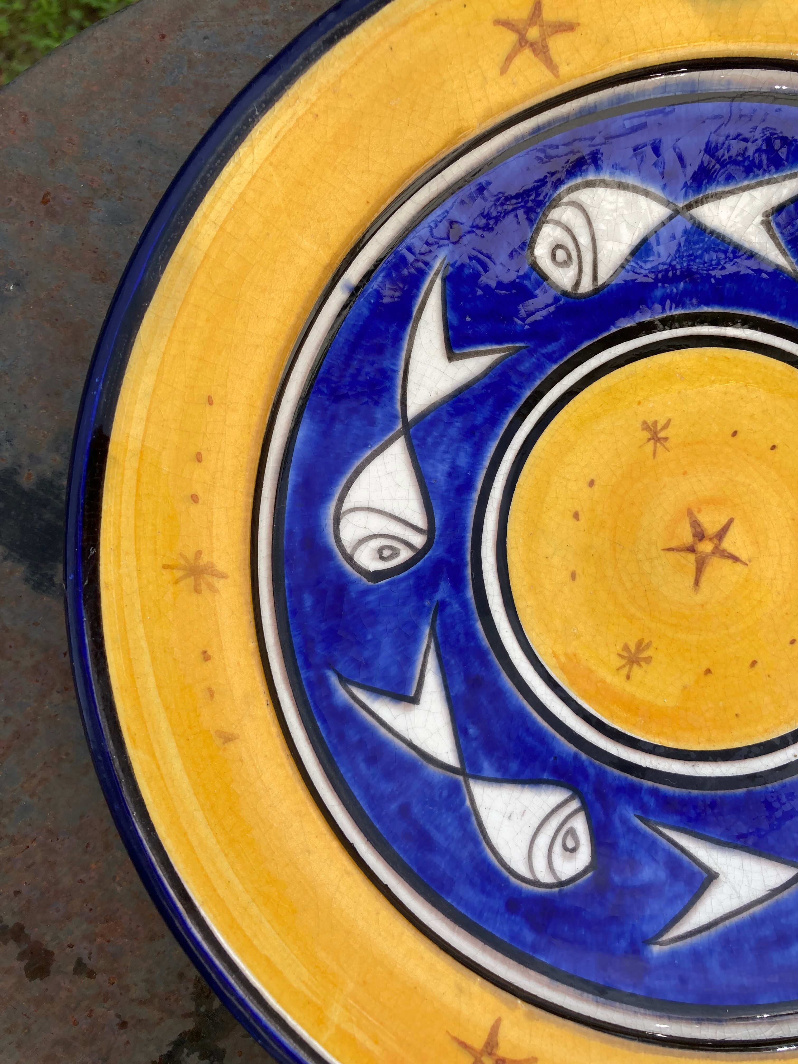 Pair of dishes Safi Dmani ethnic ceramic fish yellow and blue - vintage pottery