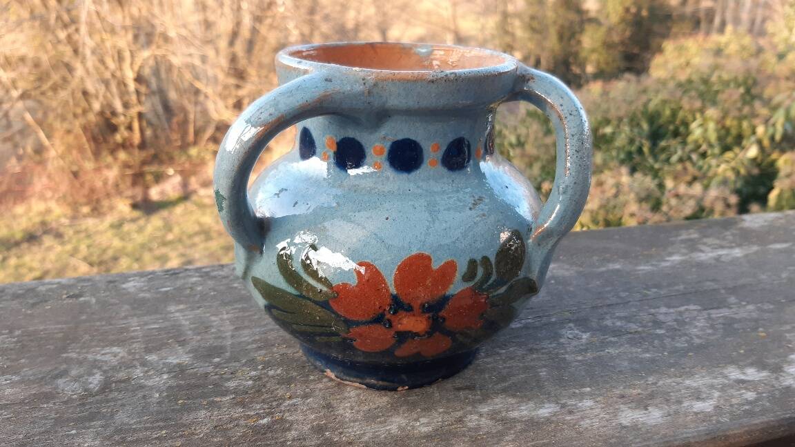 Vase with 3 handles in glazed terracotta Alsace early 20th century