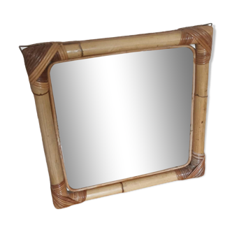 Miroir carré vintage en rotin et bambou 32 x 32 cm