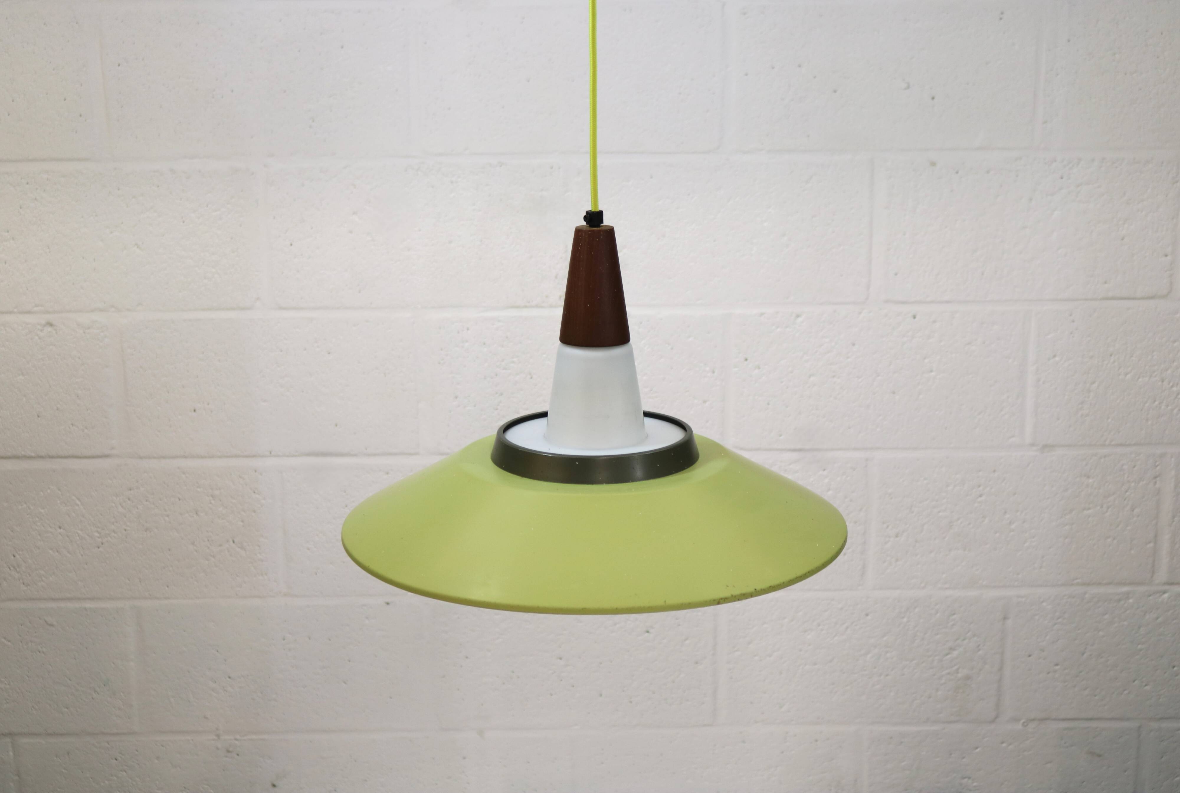 Opal glass and green aluminium shade vintage lamp by Voss Belysning - Denmark