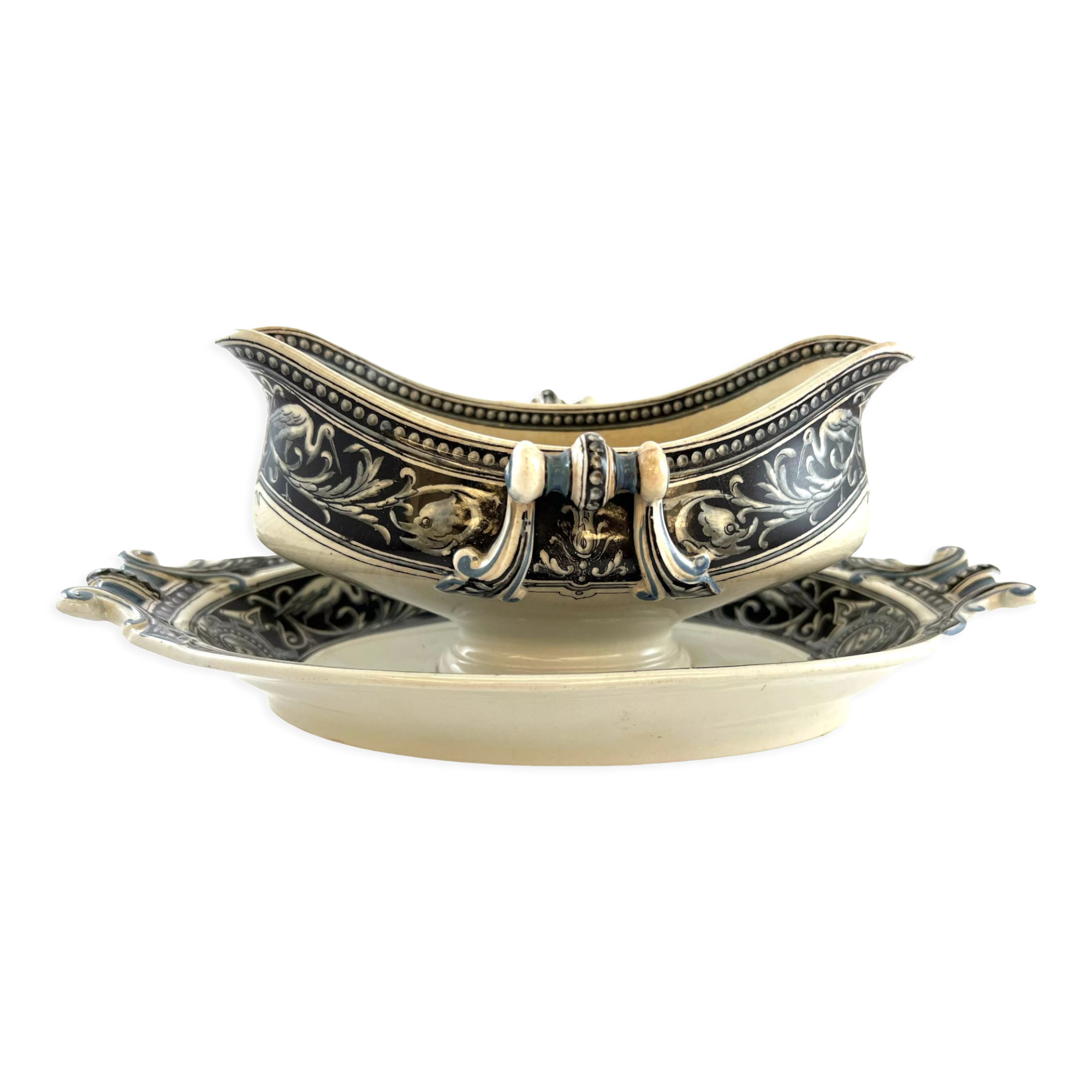 Sauce boat Sarreguemines Lorraine black and white stork décor