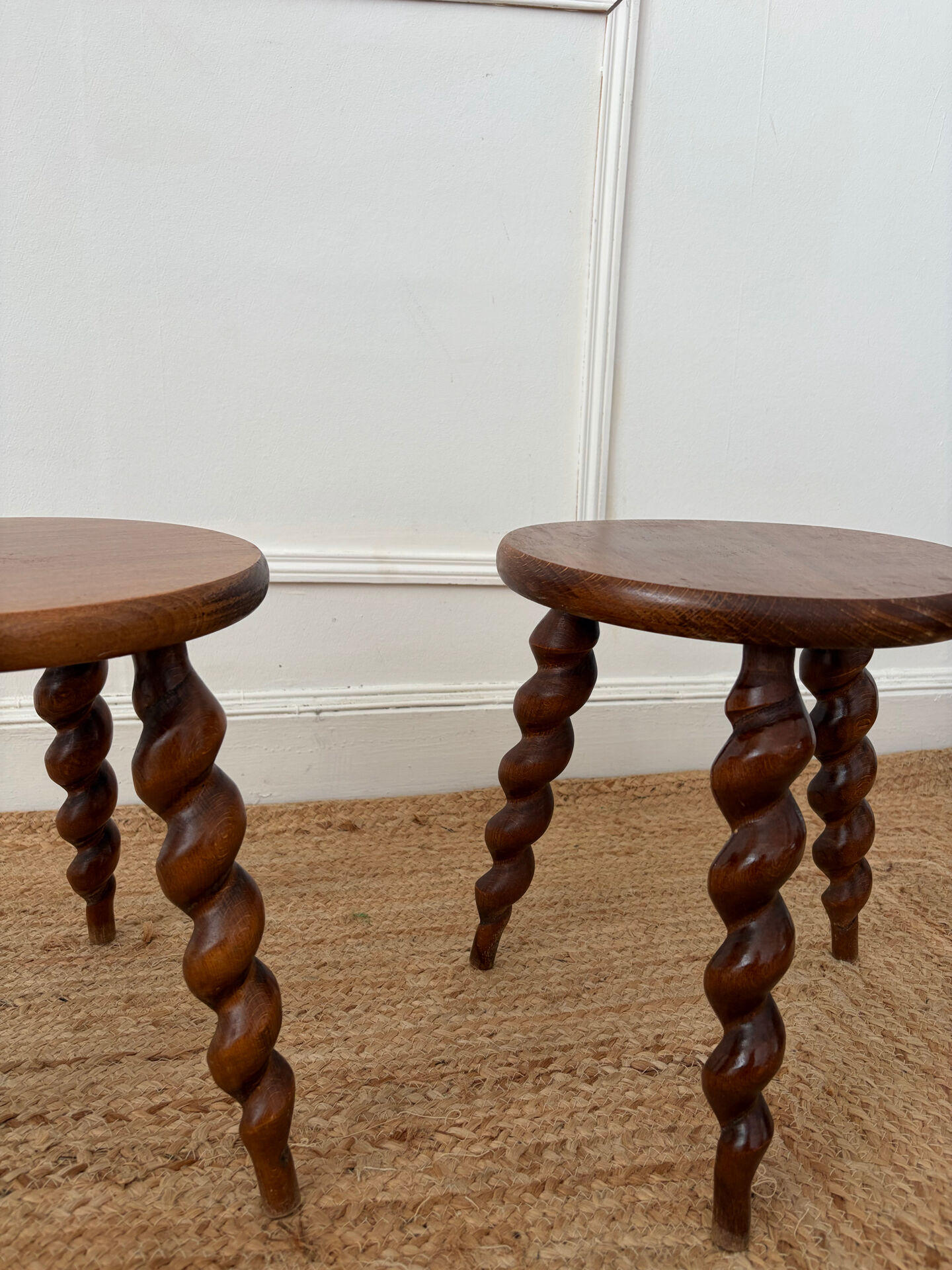 Pair of twisted wooden tripod stools