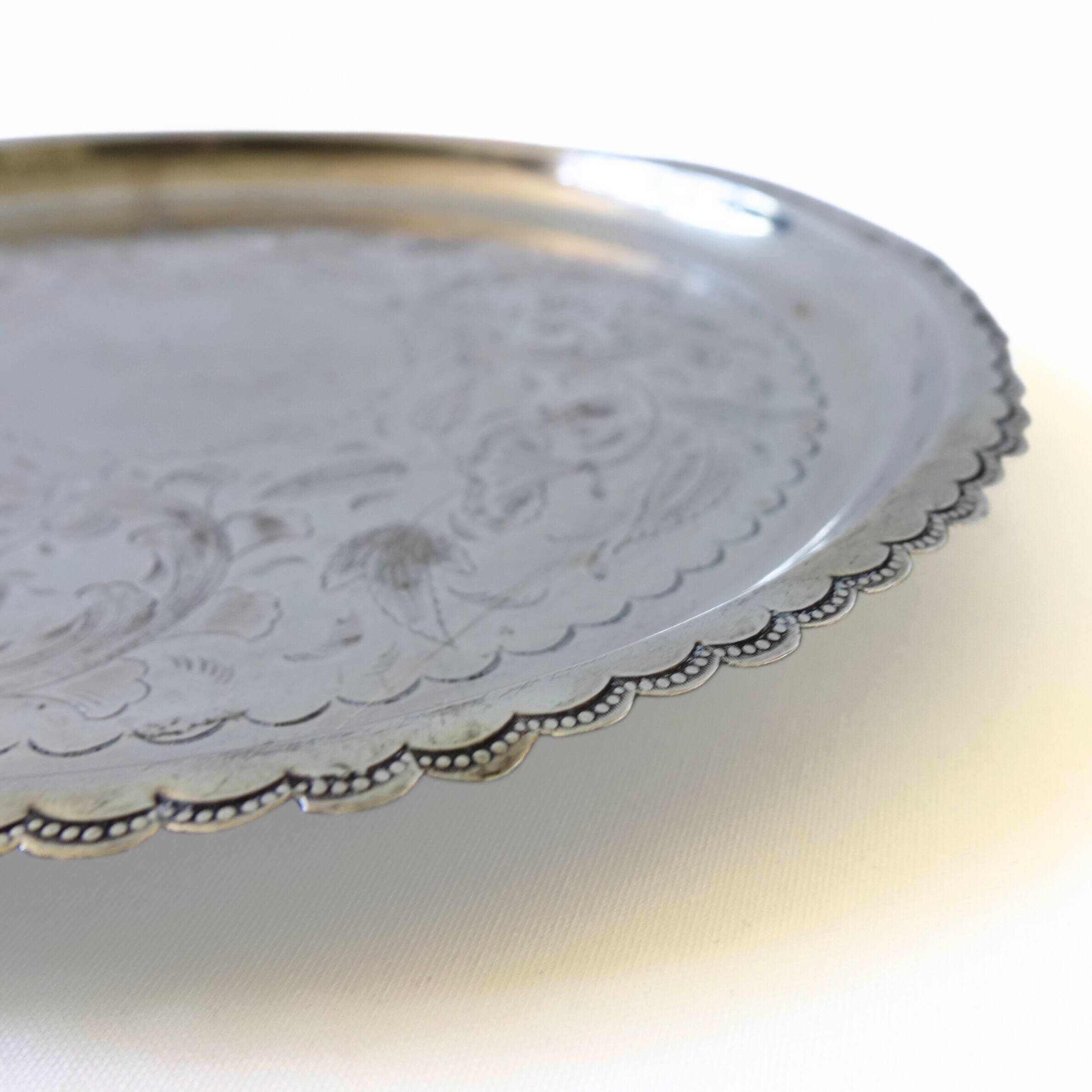 Unique Antique silver plated tray with small round feet and stunning engravings: BA from Sweden lat